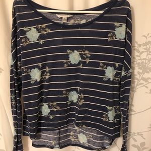 Blue and white striped floral top